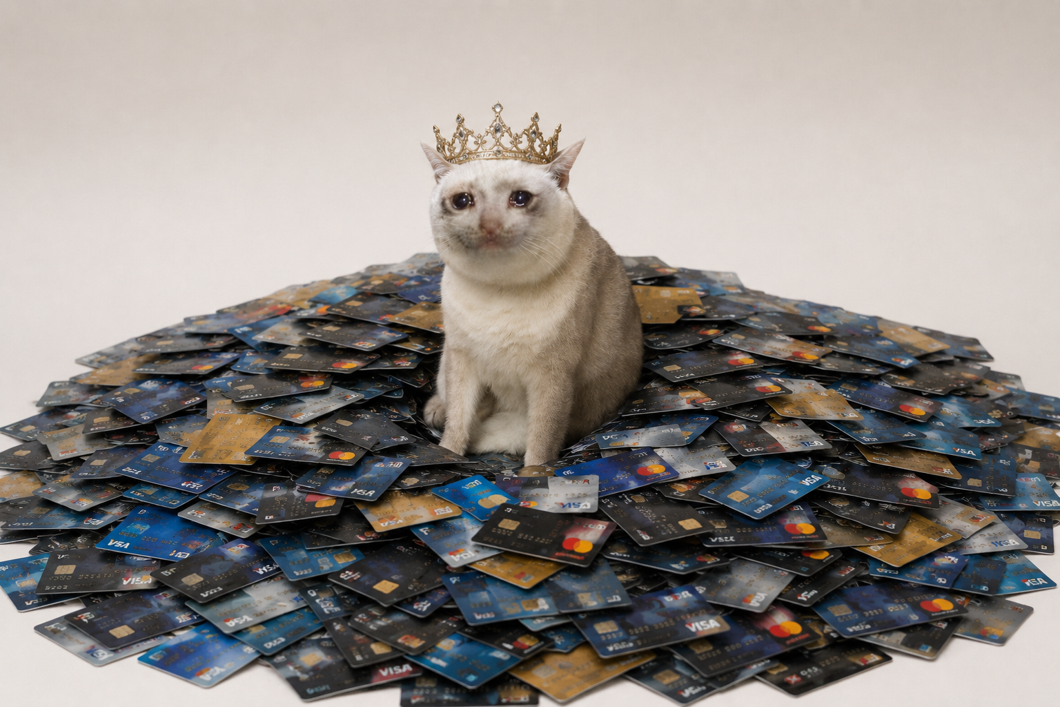 Cat wearing a small golden crown, seated on a giant pile of credit cards