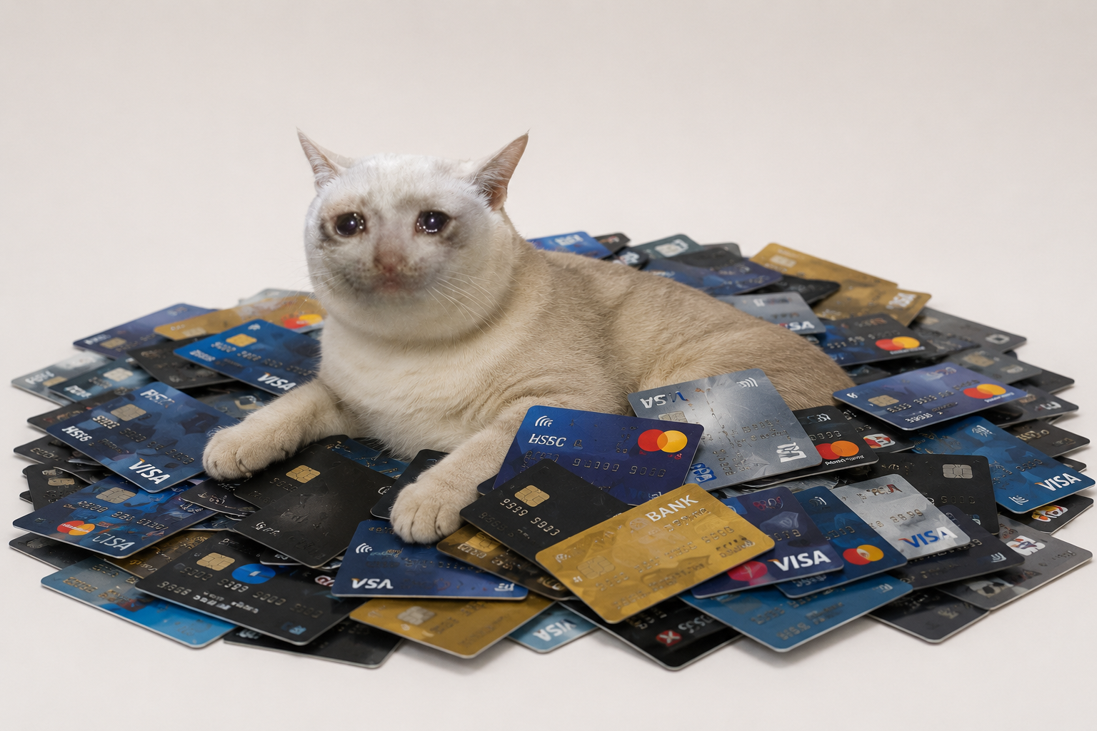 Cat lounging across a fan of credit cards like a tiny broke emperor