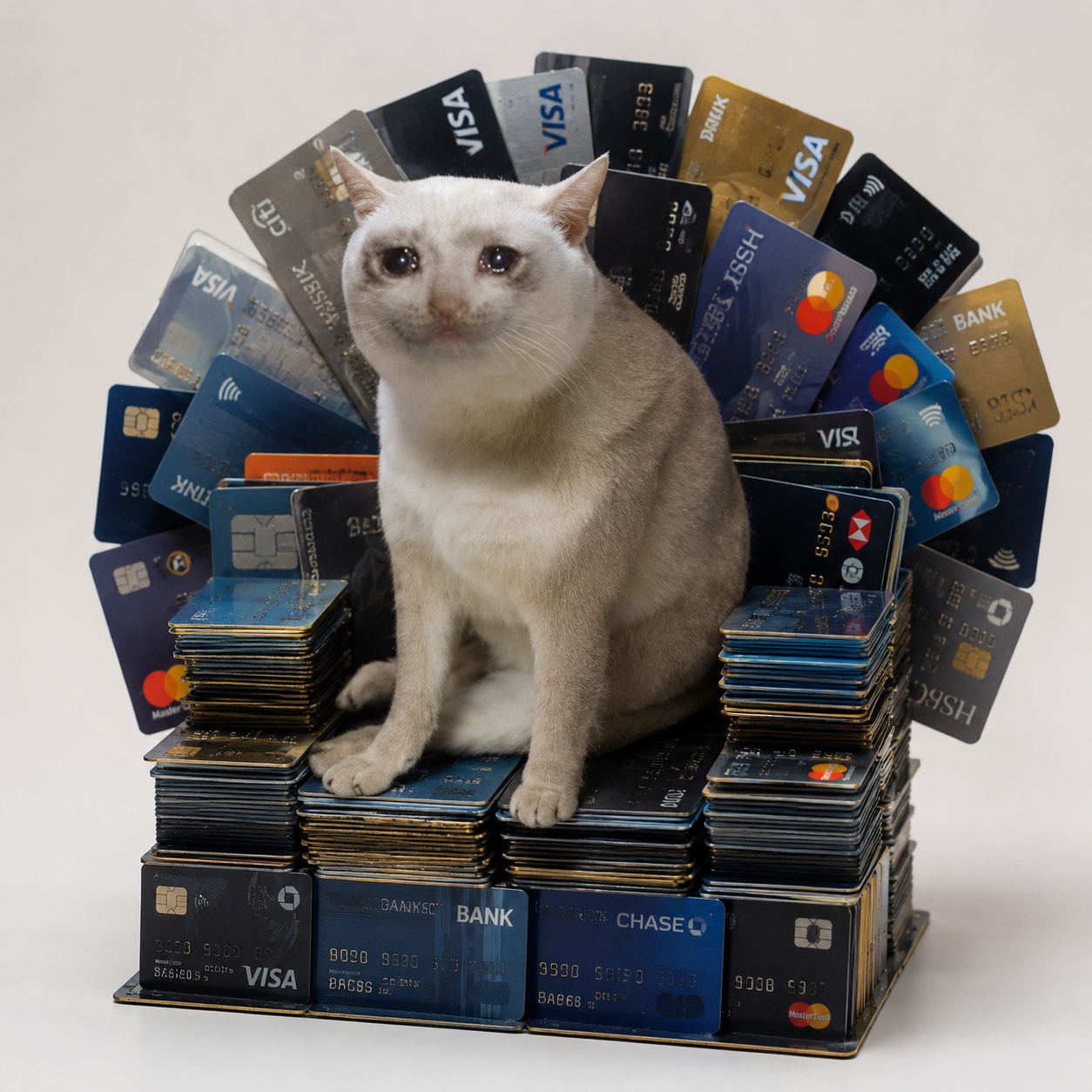 A teary-eyed cat sitting on a throne built from hundreds of maxed-out credit cards