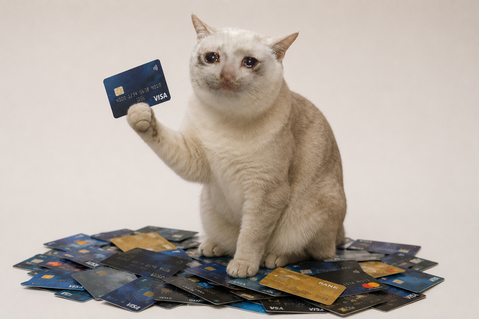 Cat holding up a single Visa card while sitting on a pile of cards, looking defeated